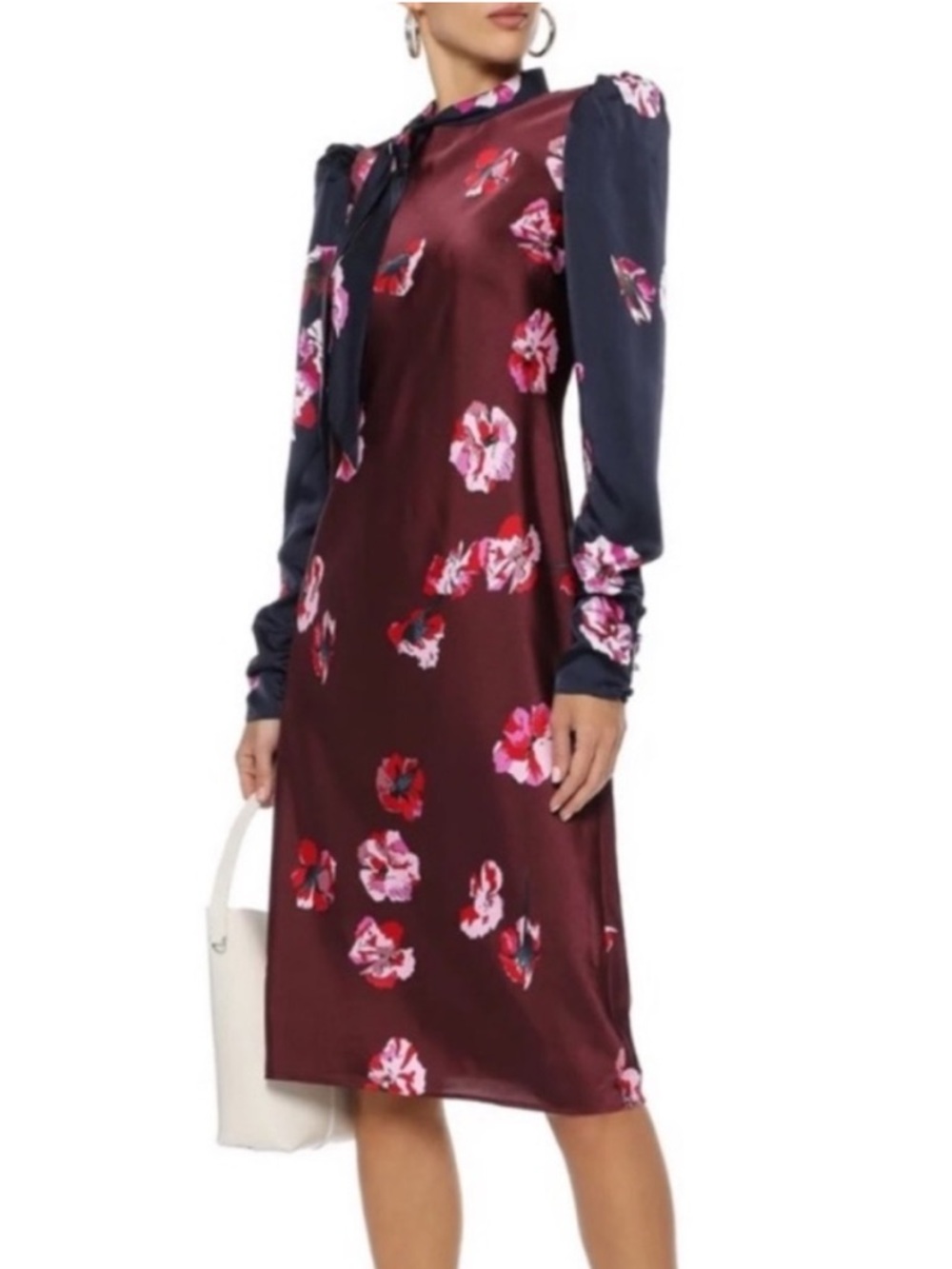New Joie Kaplan Floral Tie-Neck Satin Midi Dress in Burgundy and Navy Size 4